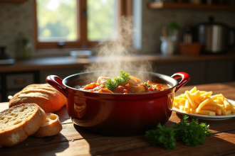 Cocotte de carbonade flamande sur une table en bois