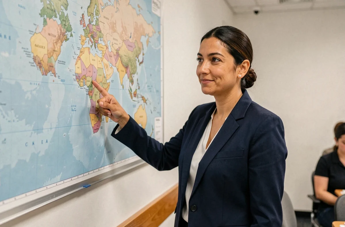 Femme pointant des pays sur une carte du monde dans une salle de conférence