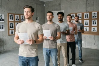 Groupe de figurants en attente lors d'un casting à Paris, tenant leurs fiches de présentation dans un studio moderne