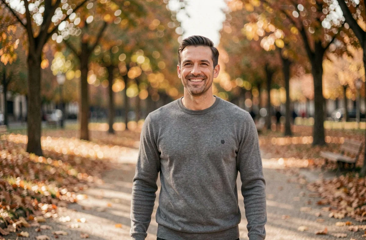 Personnalité médiatique française se promenant seule dans un parc parisien en automne, rumeurs couple et vie privée