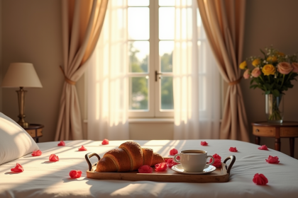 Chambre romantique en campagne avec pétales et petit déjeuner
