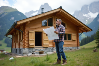 Homme en jeans et flanelle devant un chalet en construction