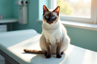 Chat siamois sur une table d'examen vétérinaire lumineuse