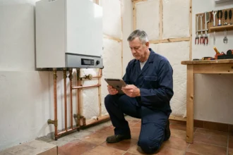 Chauffagiste professionnel inspectant une chaudière à condensation dans une maison de Haute-Garonne