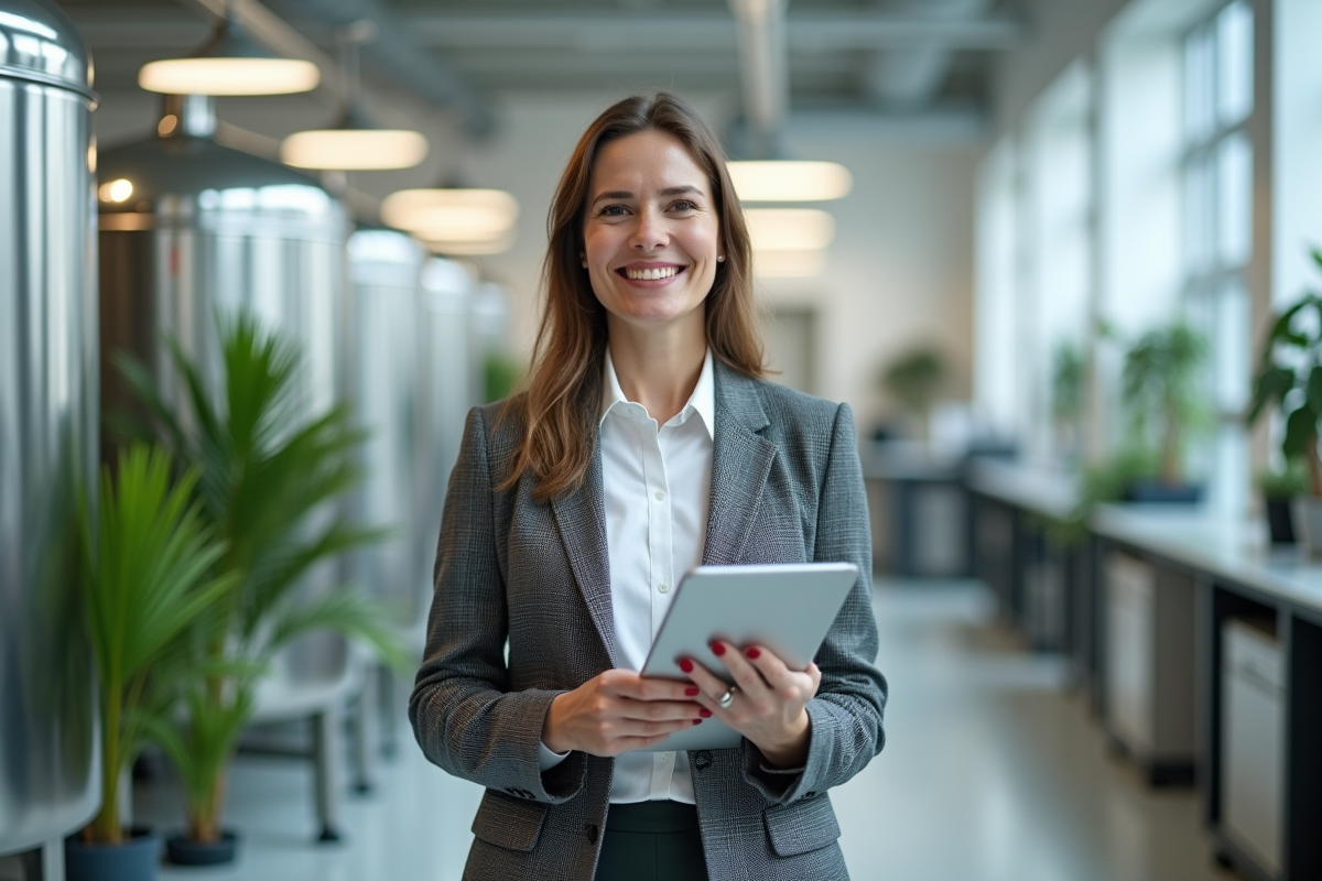 Chercheuse en biofuel dans un laboratoire lumineux