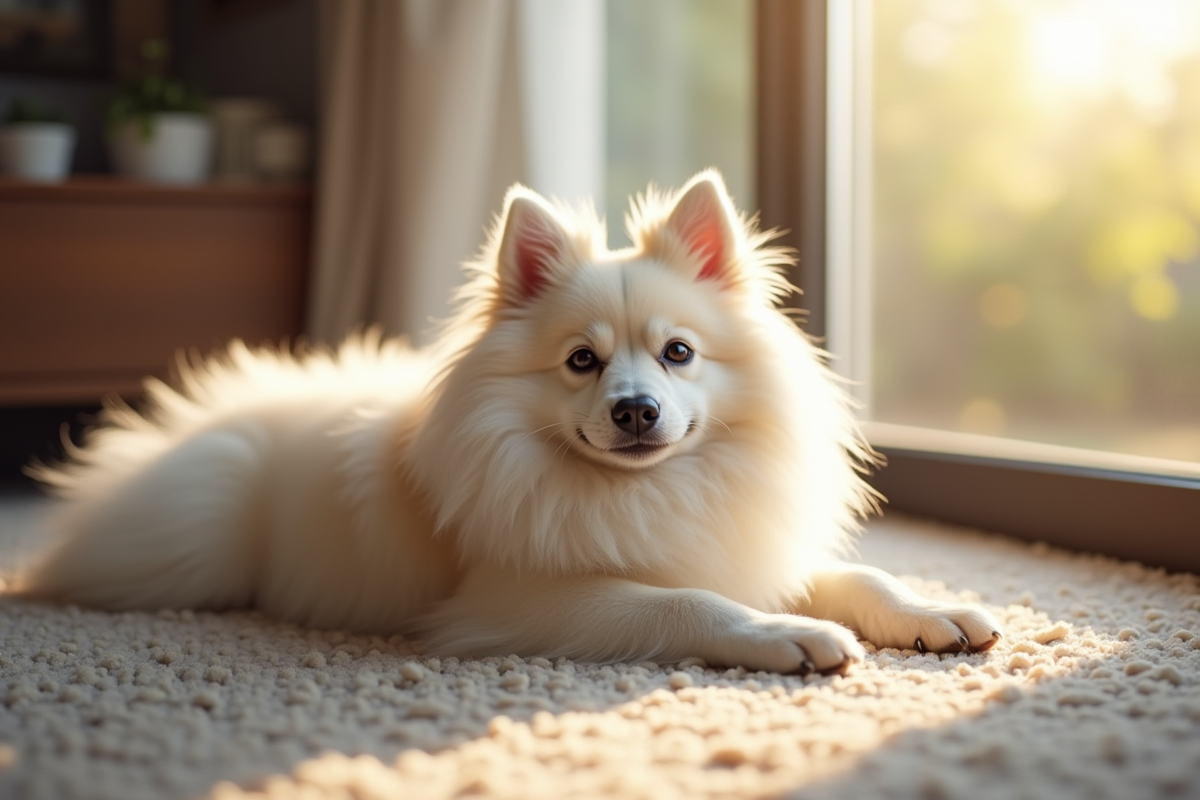 Chien Spitz détendu dans un salon lumineux