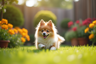 Chien Spitz joyeux jouant dans un jardin ensoleille