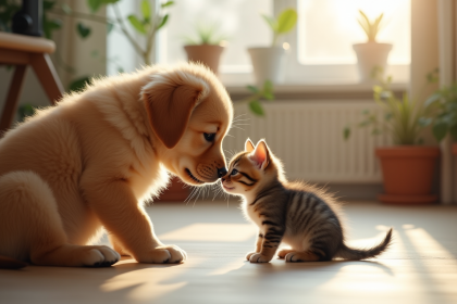 Chiot golden retriever reniflant un chat curieux dans un salon