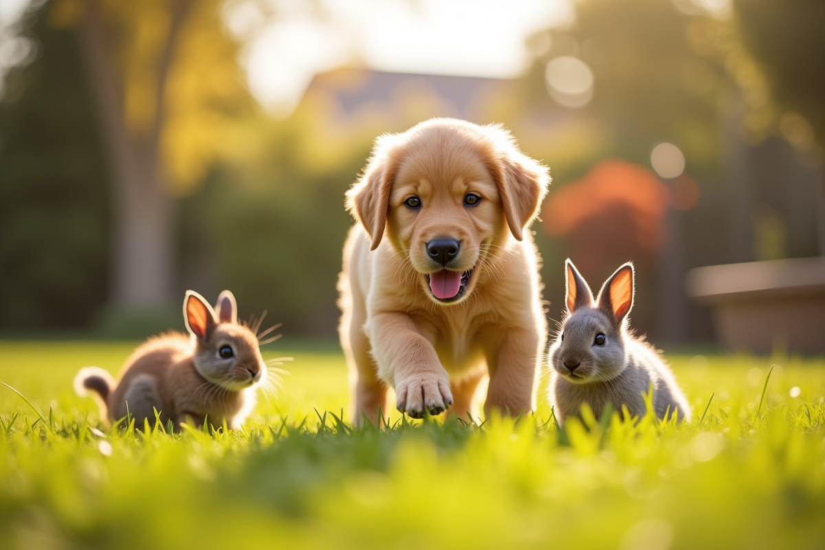 Chiot golden retriever jouant dans le jardin avec d autres animaux