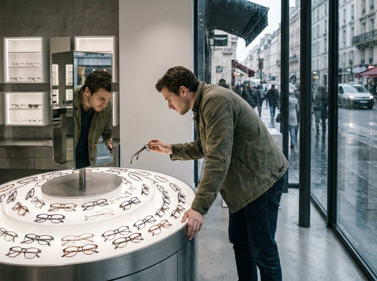 Jeune homme choisissant des montures de lunettes dans un magasin d'optique contemporain à Paris