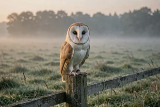 Chouette effraie aux plumes détaillées perchée sur un vieux poteau en bois dans une prairie brumeuse au crépuscule