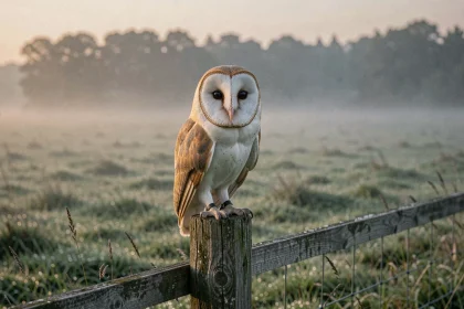 Chouette effraie aux plumes détaillées perchée sur un vieux poteau en bois dans une prairie brumeuse au crépuscule