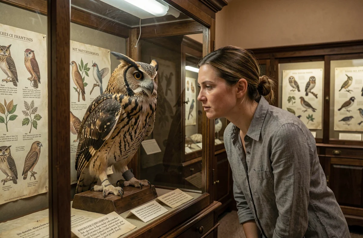 Femme étudiant un spécimen de chouette hulotte dans une vitrine de musée d'histoire naturelle avec des planches taxonomiques illustrées