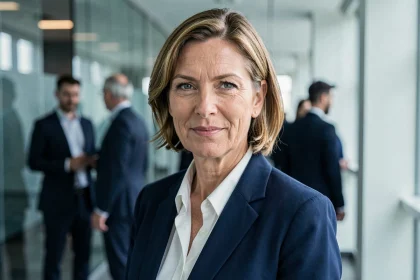 Femme en costume souriant de façon calculée dans un couloir de bureau moderne, illustrant l'hypocrisie sociale et le double visage