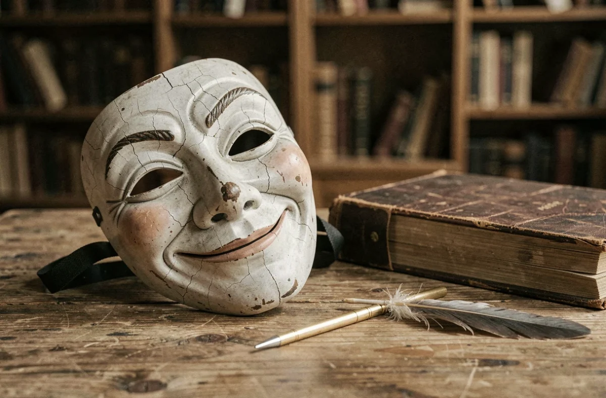 Masque de théâtre bicolore posé sur une table en bois ancienne avec un journal et une plume, symbole fort de l'hypocrisie et du double visage