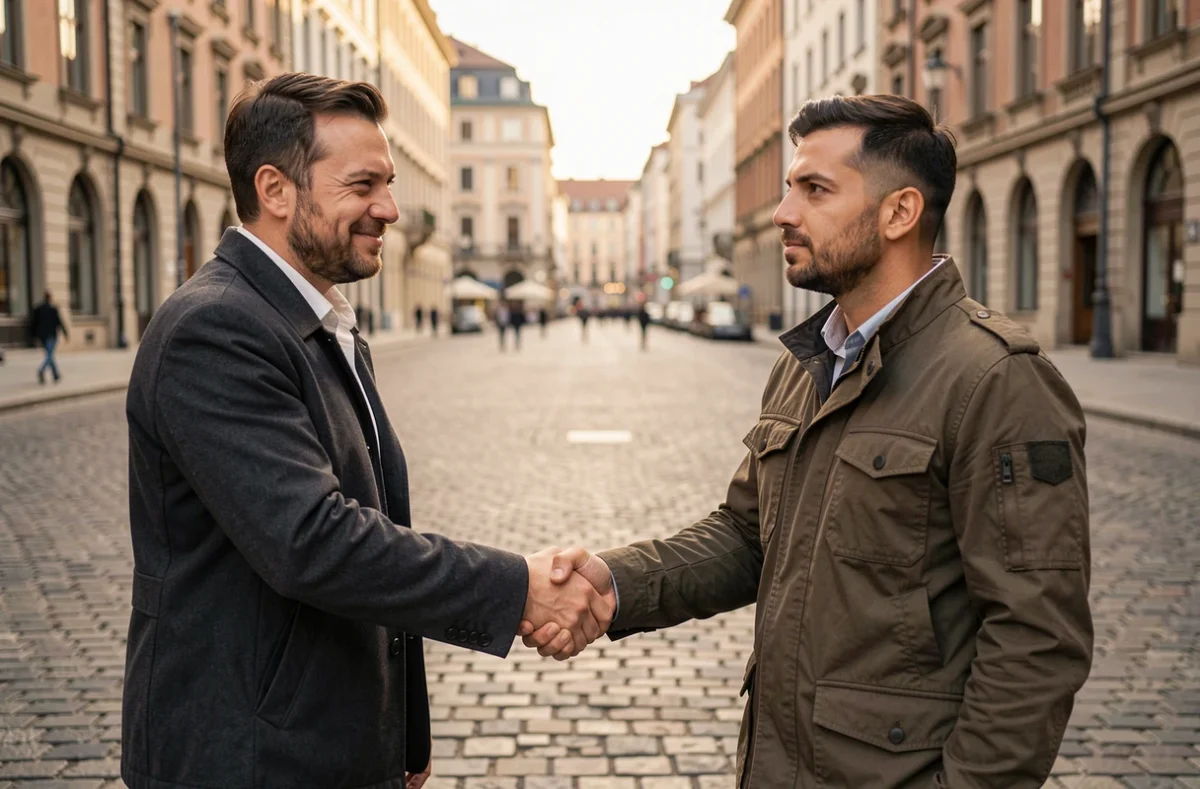 Deux hommes se serrant la main dans une place urbaine, l'un regardant ailleurs avec un sourire ambigu, symbolisant la fausse amitié et l'hypocrisie