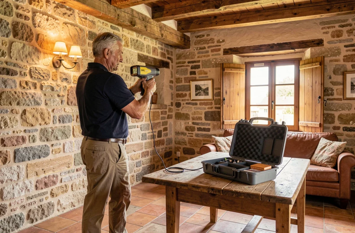 Diagnostiqueur Claude DPE utilisant une caméra thermique dans une ferme traditionnelle en Haute-Garonne