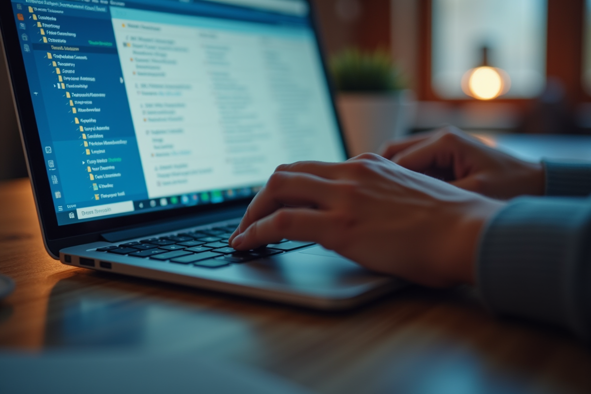 Mains tapant sur un clavier avec interface email et filtres visibles