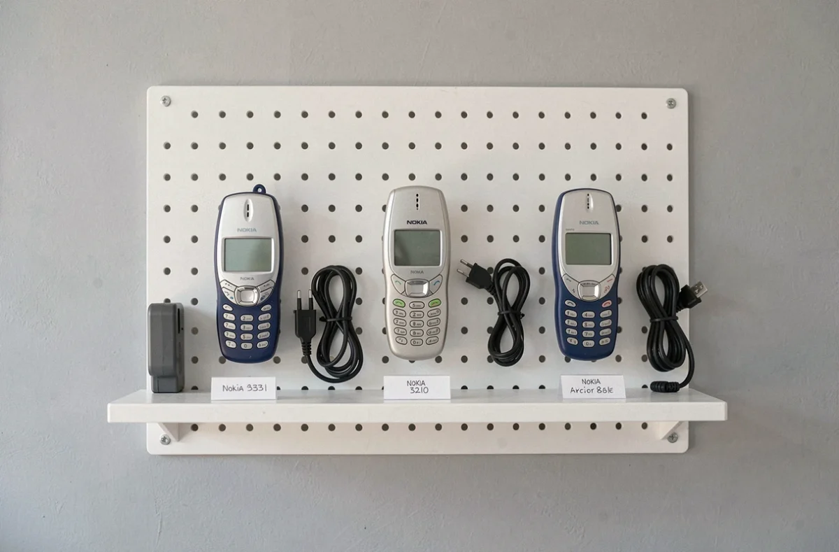 Collection de téléphones Nokia anciens modèles avec leurs chargeurs d'origine sur une étagère blanche