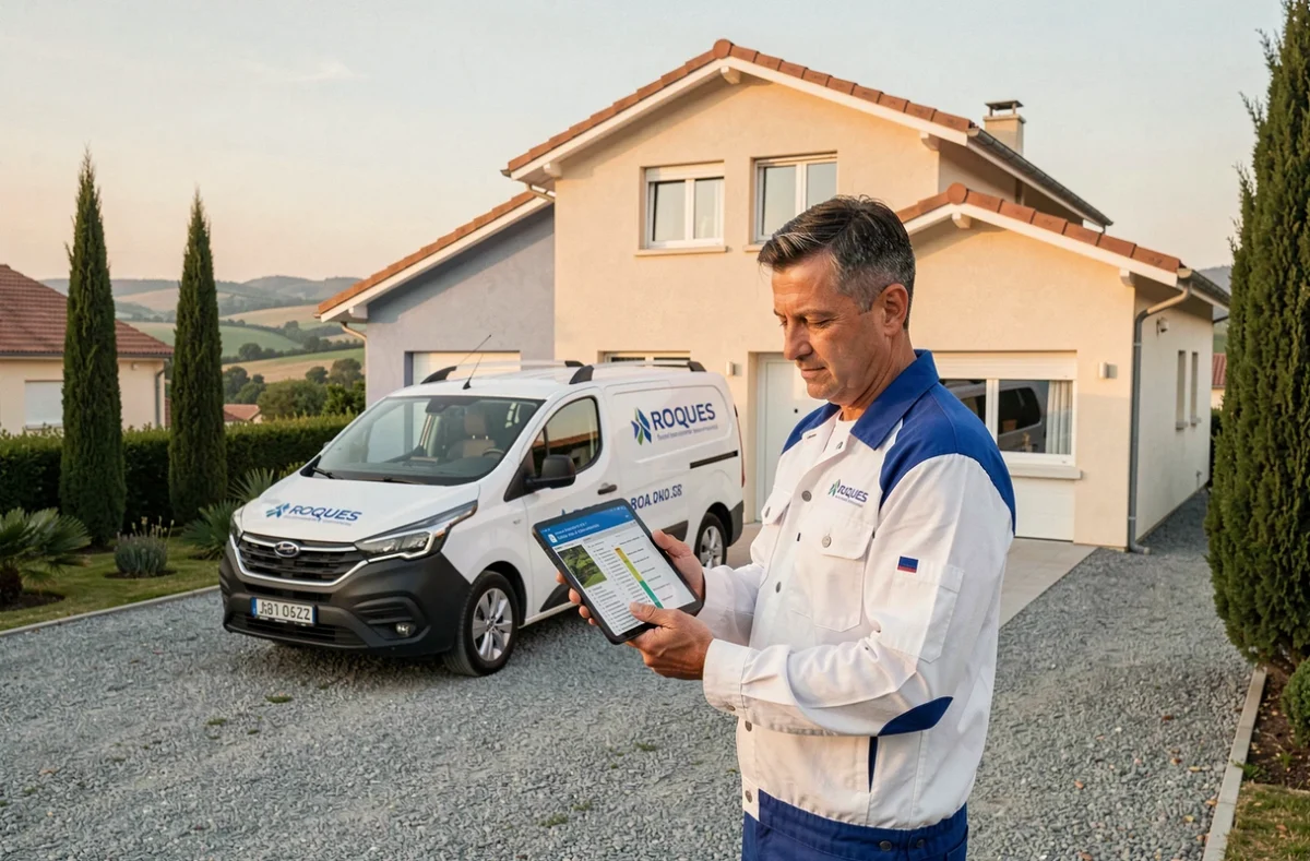 Chauffagiste Compao devant une maison individuelle à Roques en Haute-Garonne avec véhicule d'intervention