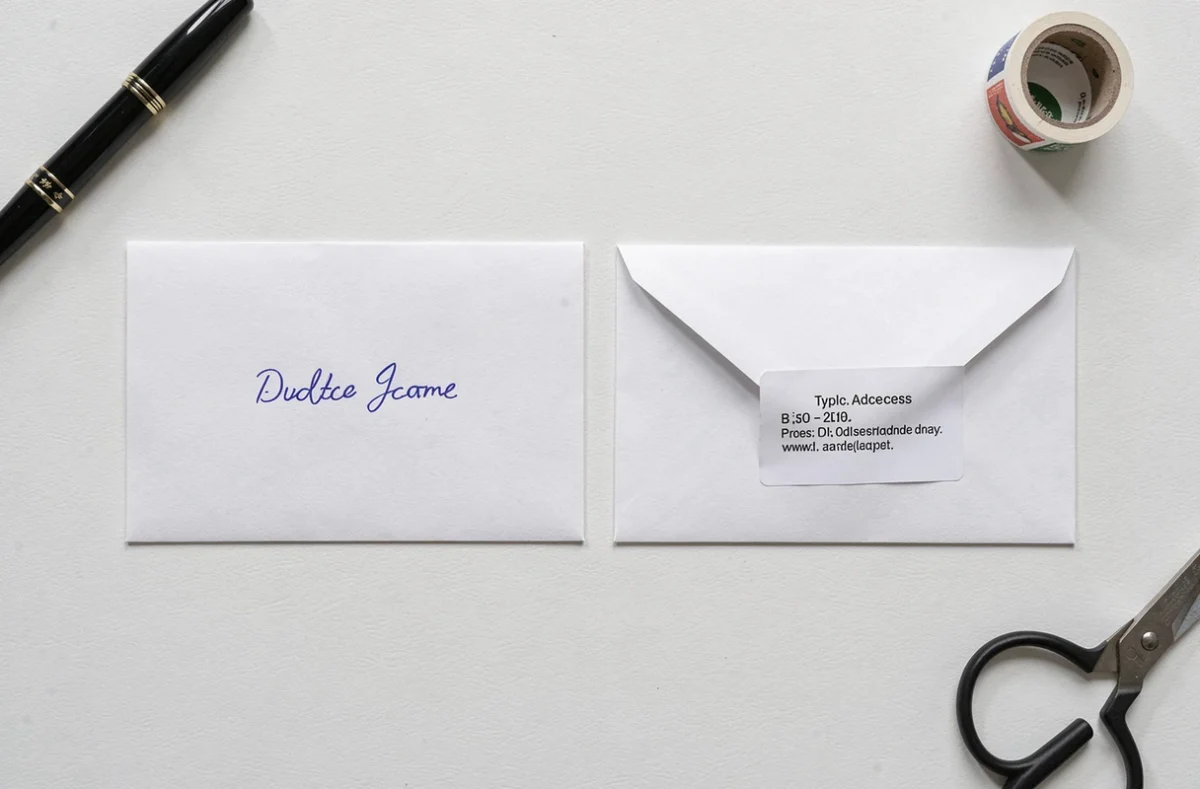 Comparaison côte à côte d'une enveloppe adressée à la main et d'une enveloppe avec étiquette imprimée, vue de dessus sur fond blanc