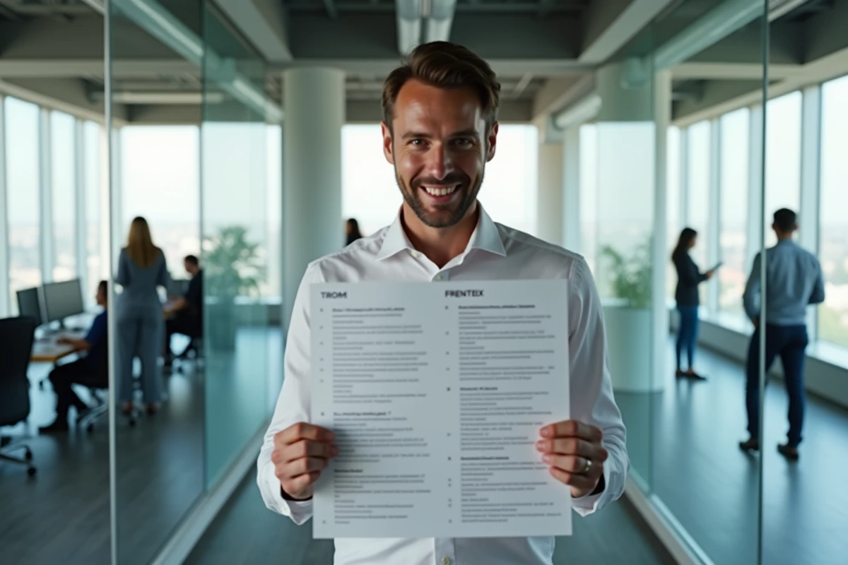 Professionnel comparant des documents traduits en allemand et en français dans un bureau moderne