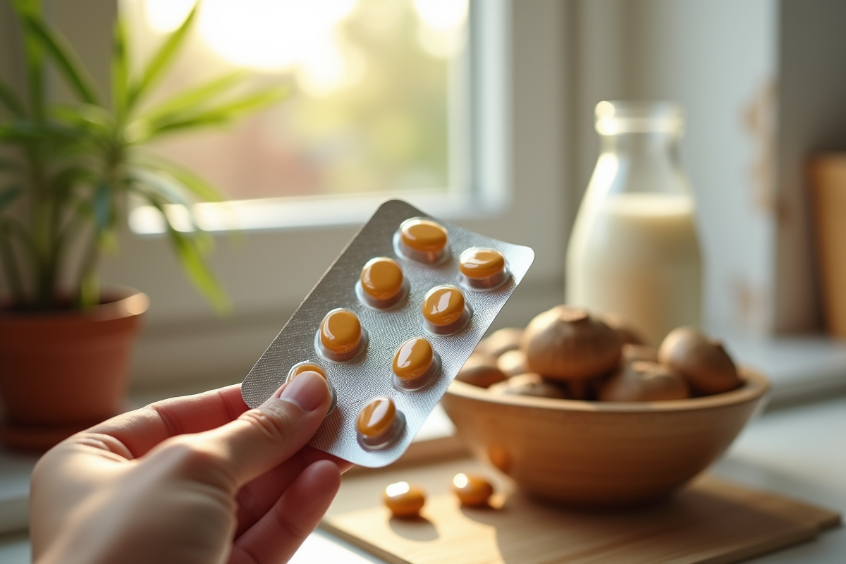 Main tenant compléments de vitamine D avec champignons shiitake et lait Glof