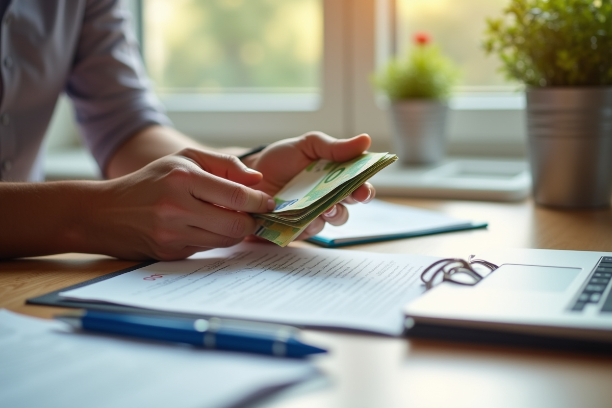 Mains comptant des billets de 100 euros sur un bureau lumineux