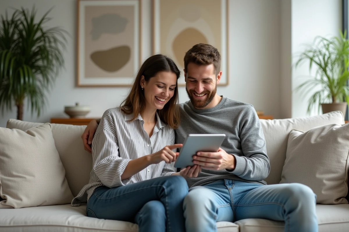 Couple adulte consultant ensemble un site de rencontre sur une tablette dans leur salon moderne