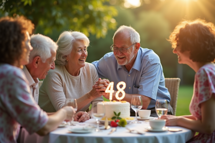 Couple agee heureux lors d'une fete d'anniversaire en plein air
