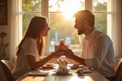 Couple souriant échangeant des cadeaux en coton pour un article sur le coton