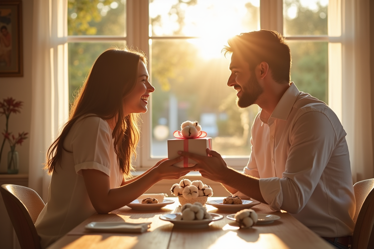 Couple souriant échangeant des cadeaux en coton pour un article sur le coton