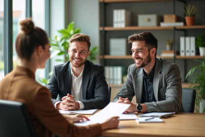 Jeune couple en conseil mortgage dans une banque moderne