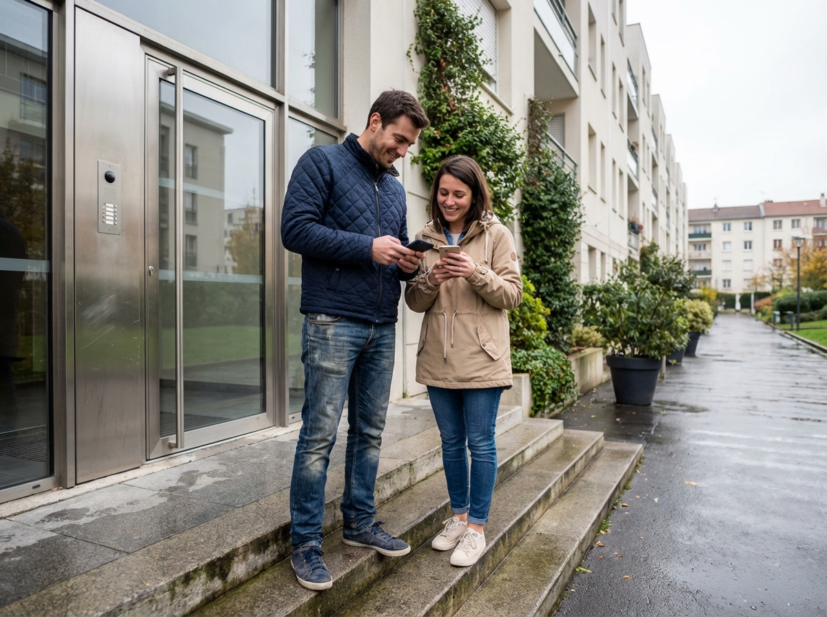 Jeune couple souriant devant leur appartement en banlieue