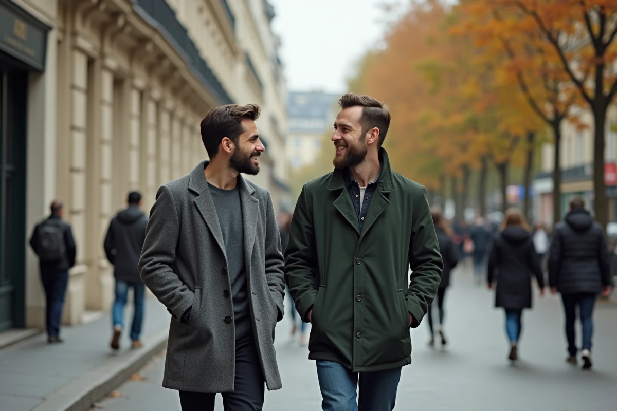 Deux hommes marchant ensemble dans une rue parisienne, évoquant la complicité et la vie de couple d'un personnage public