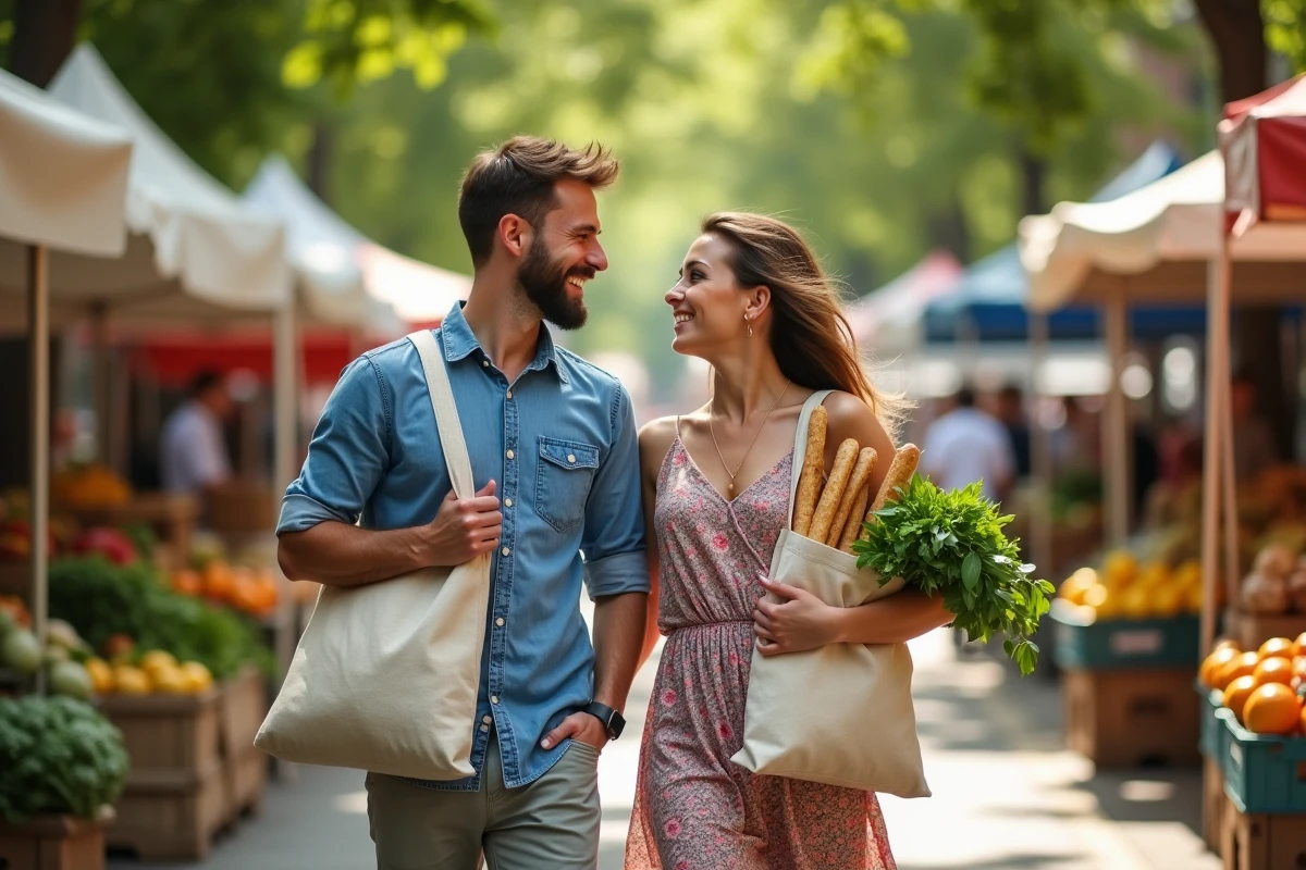 Couple se promenant au marché du dimanche matin avec des sacs remplis de produits frais