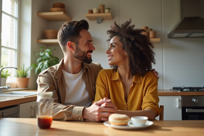 Couple marié souriant dans la cuisine en matinée