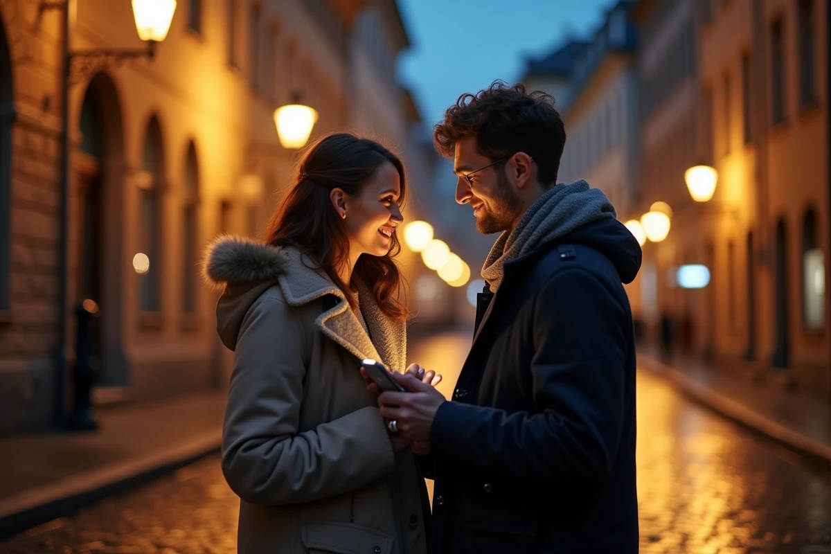Couple romantique dans une rue pavée européenne la nuit, l'un tenant un téléphone affichant 22h22, symbole de synchronicité amoureuse