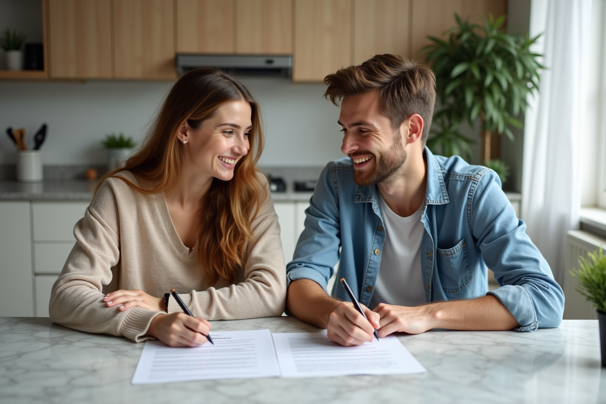 Jeune couple signant ensemble des papiers de prêt immobilier