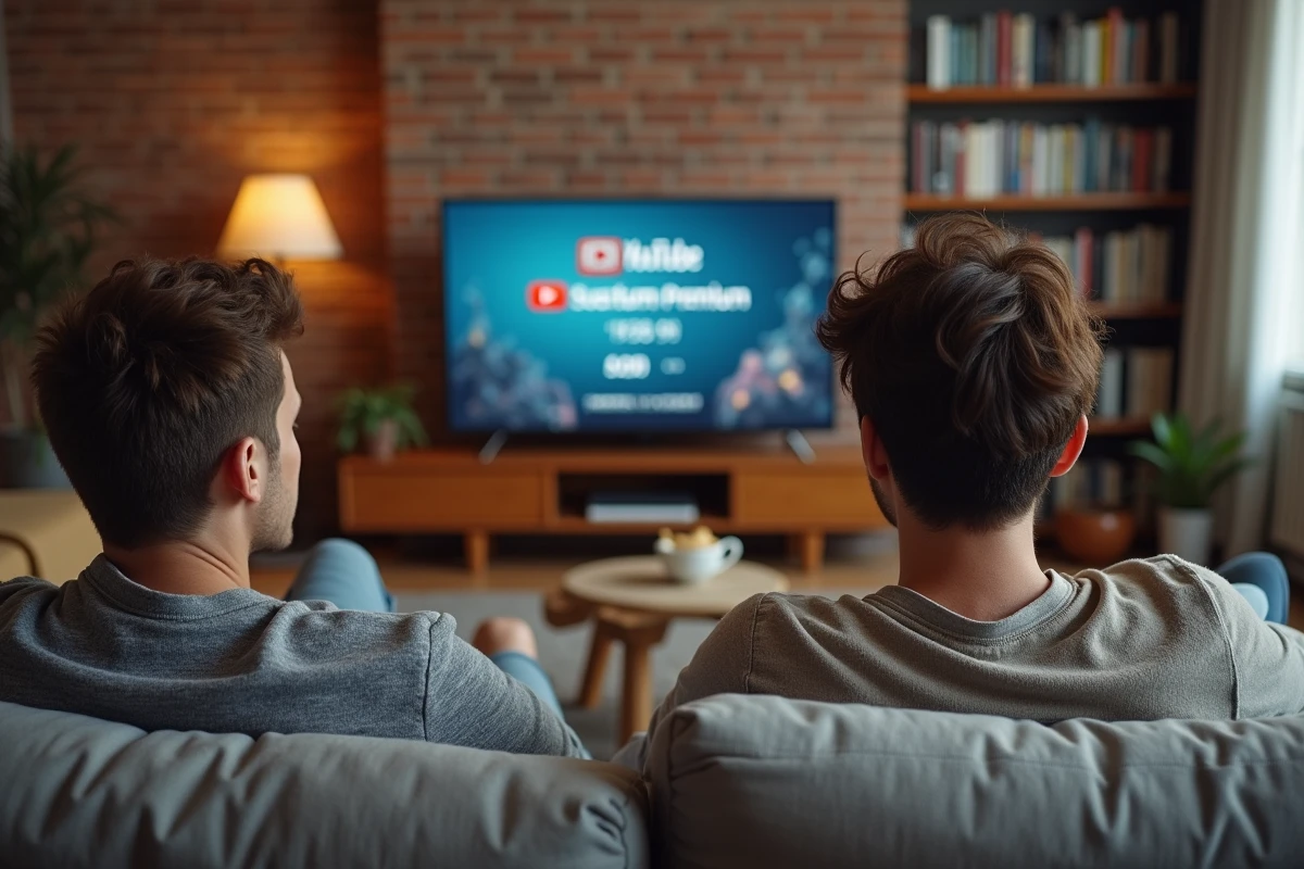 Couple regardant les nouveaux tarifs d'abonnement YouTube Premium sur un téléviseur dans un appartement parisien