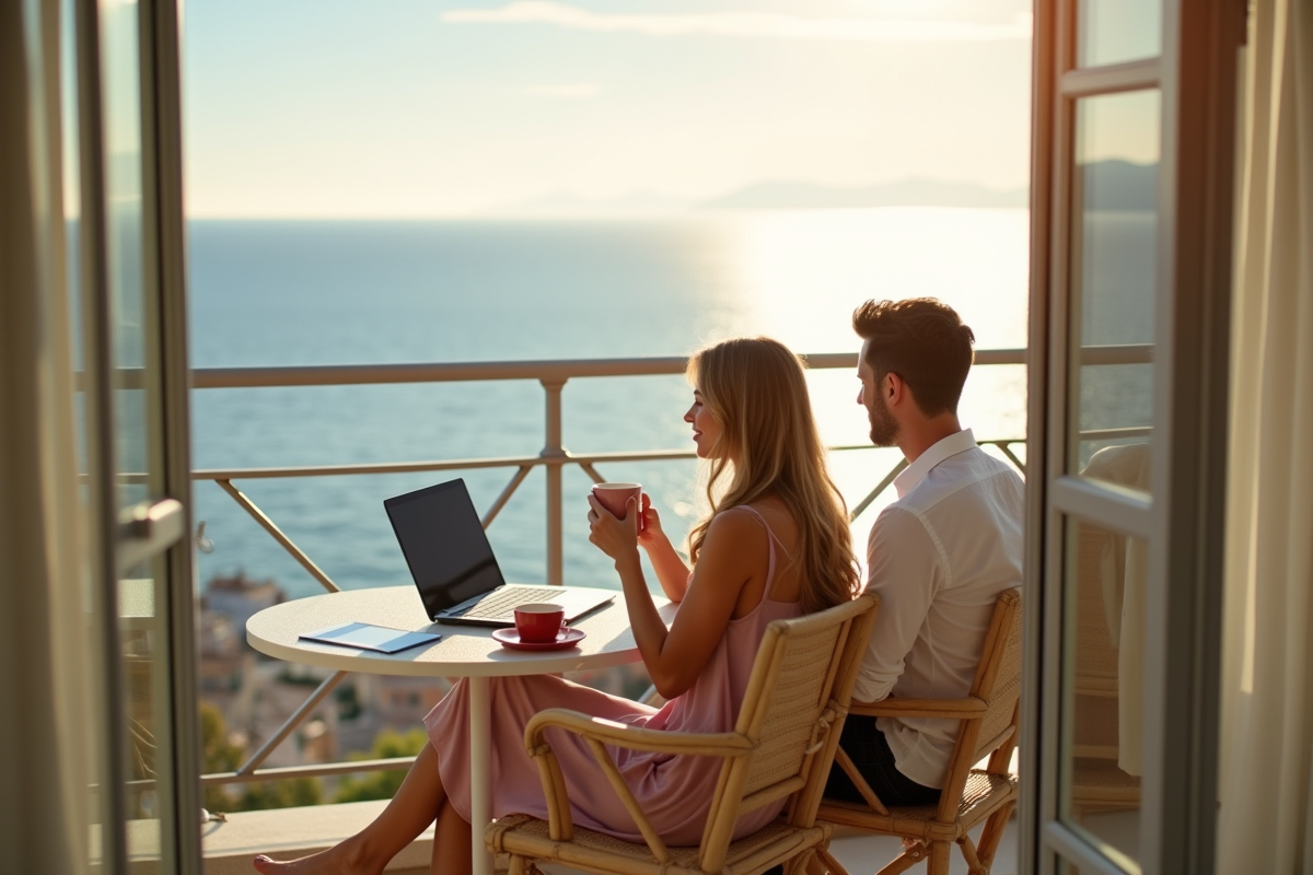 Couple avec papiers et ordinateur sur balcon en mer