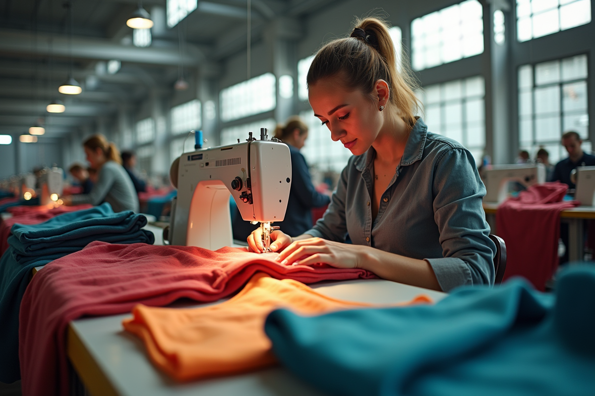 Main d une couturiere cousant des tissus colorés en usine