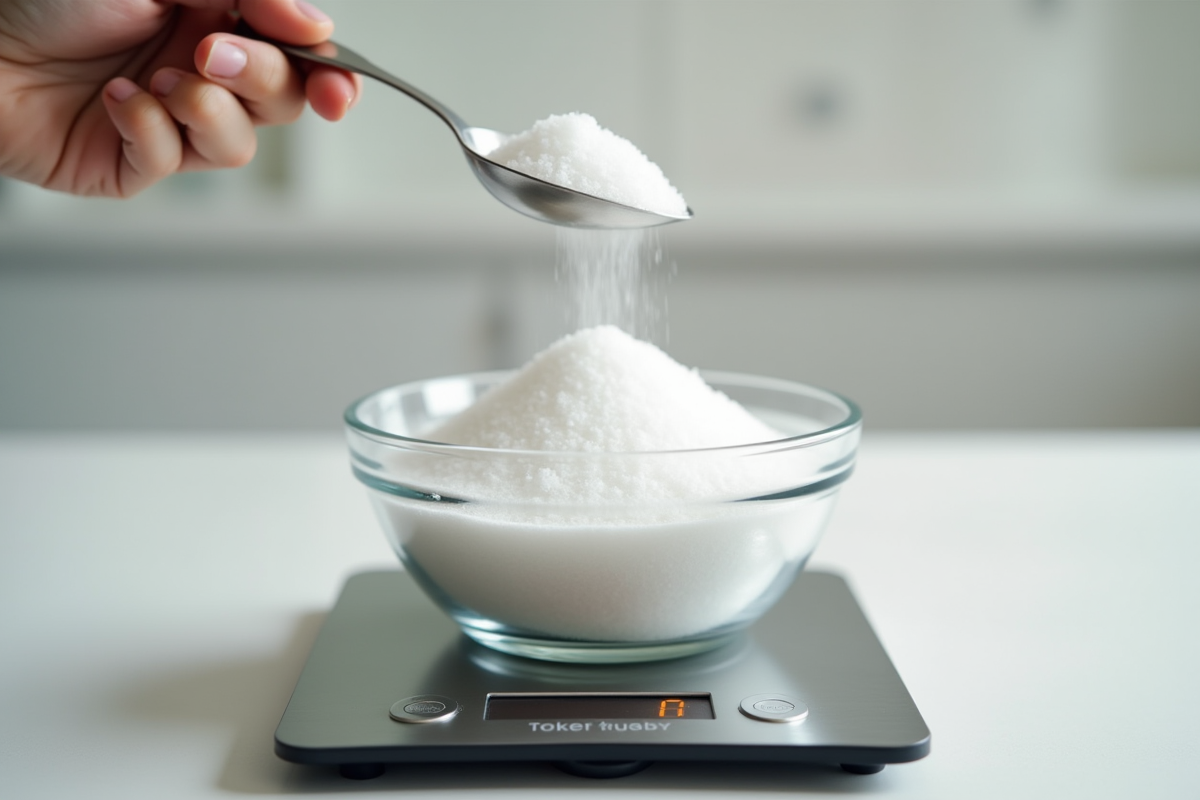 Cuillere en metal versant du sucre dans un bol sur balance