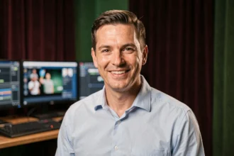 Cyril Féraud souriant dans les coulisses d'un plateau de télévision, portrait d'un animateur célèbre français