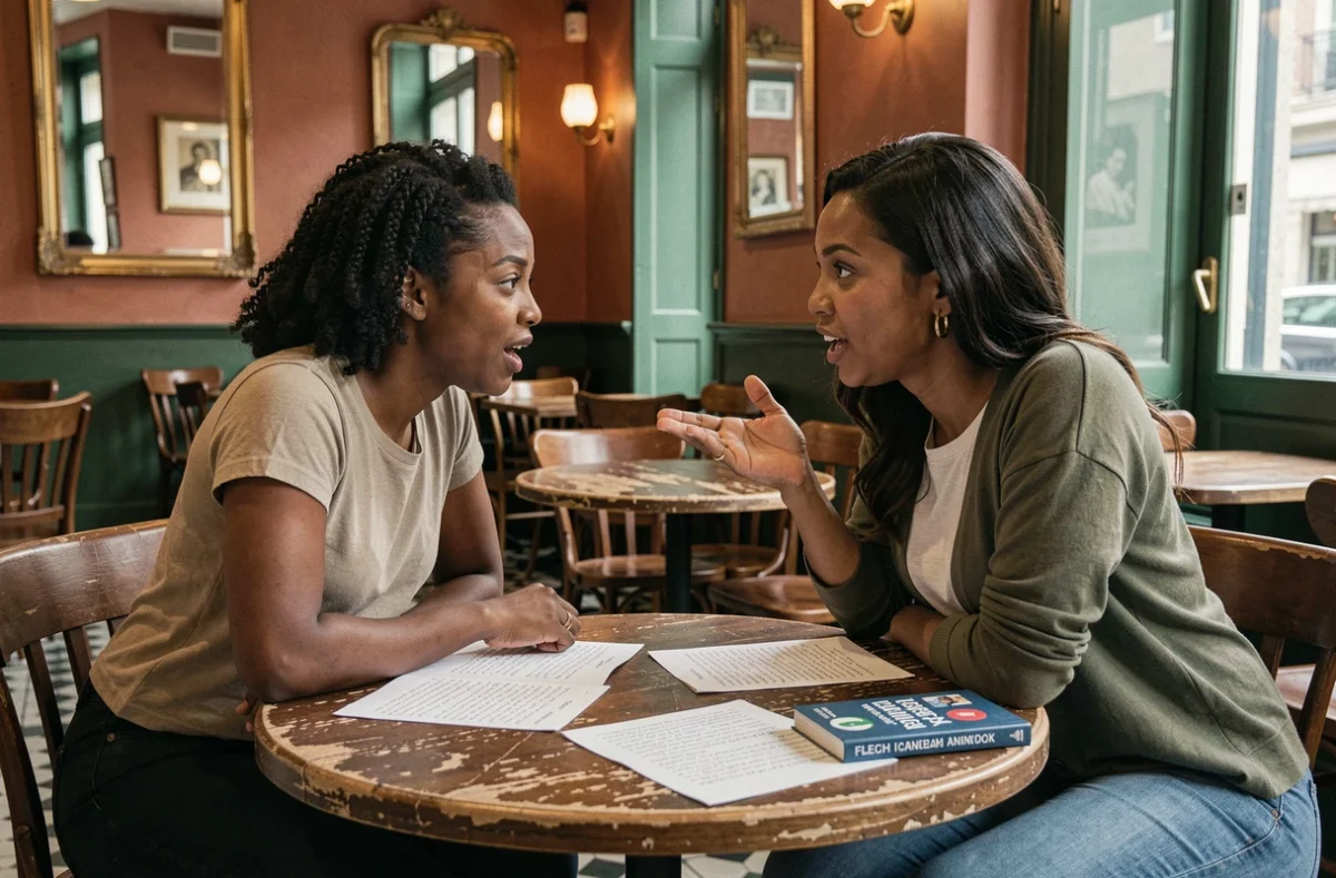 Deux femmes discutant de paroles de rap et de traduction dans un café parisien avec des feuilles de texte
