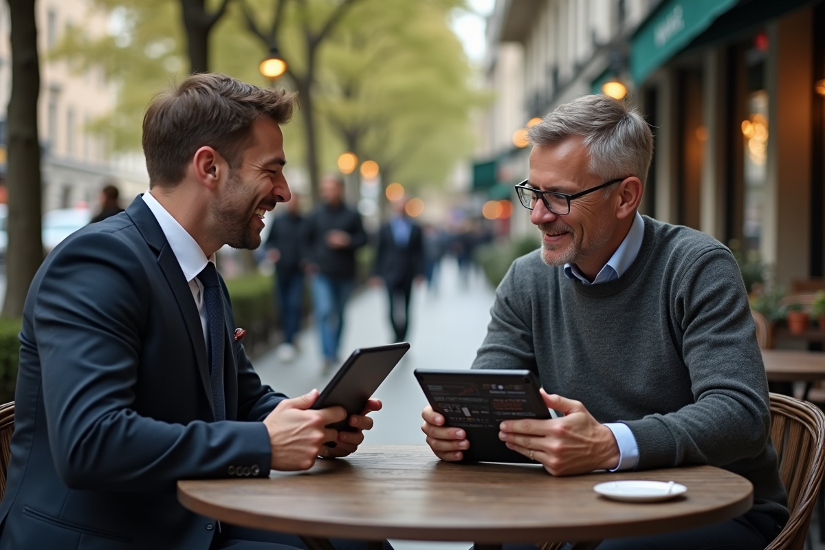 Deux hommes discutant blockchain sur une terrasse de café