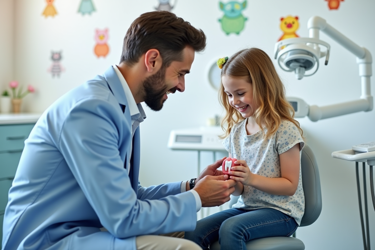 Dentiste pédiatrique avec une jeune fille souriante dans la clinique
