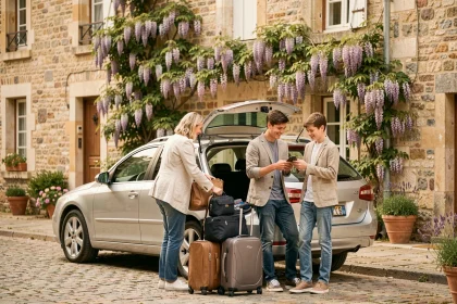 Famille française chargeant ses bagages pour un départ en vacances lors des ponts de la Pentecôte 2026 devant une maison en pierre fleurie