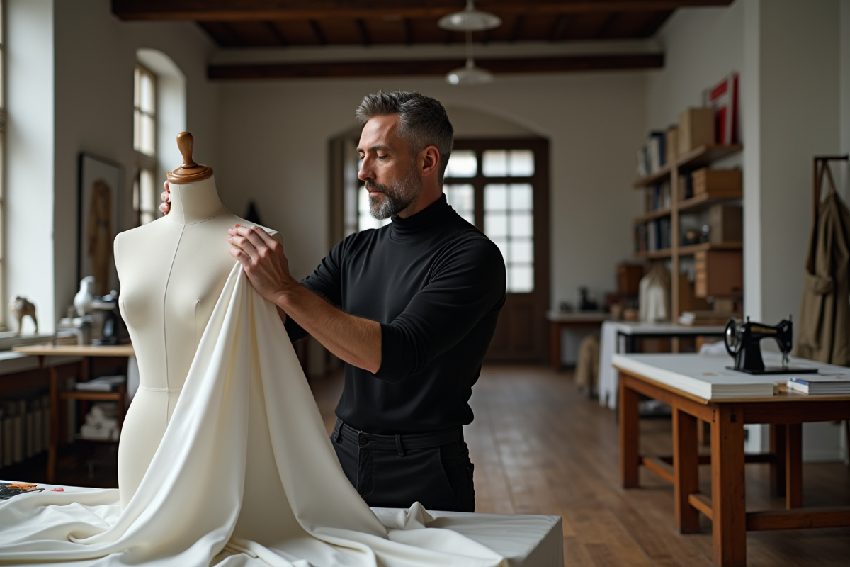 Designer mode en atelier drapant un tissu luxe sur mannequin