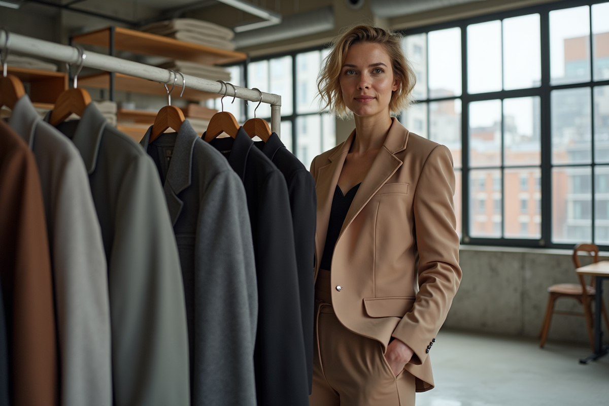 Designer nonbinaire ajustant un vêtement dans un studio moderne